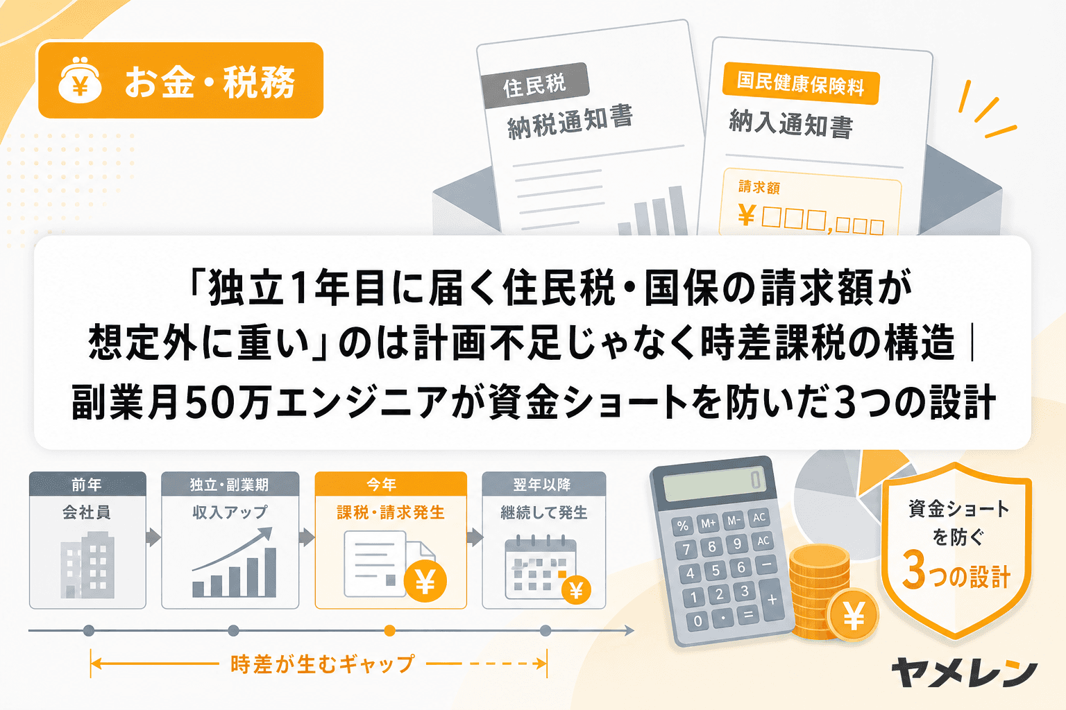 「独立1年目に届く住民税・国保の請求額が想定外に重い」のは計画不足じゃなく時差課税の構造|副業月50万エンジニアが資金ショートを防いだ3つの設計