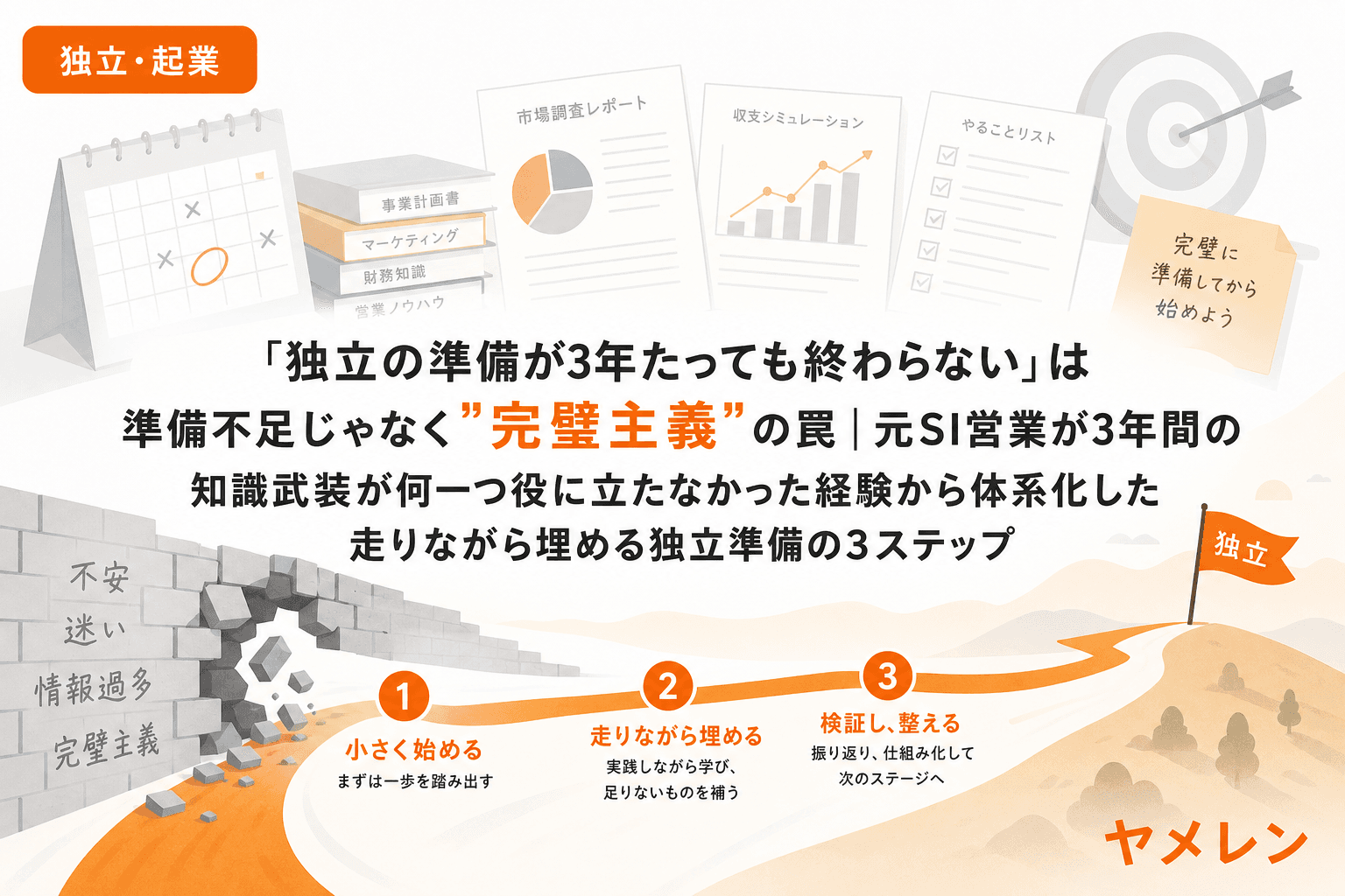 「独立の準備が3年たっても終わらない」は準備不足じゃなく"完璧主義"の罠|元SI営業が3年間の知識武装が何一つ役に立たなかった経験から体系化した走りながら埋める独立準備の3ステップ