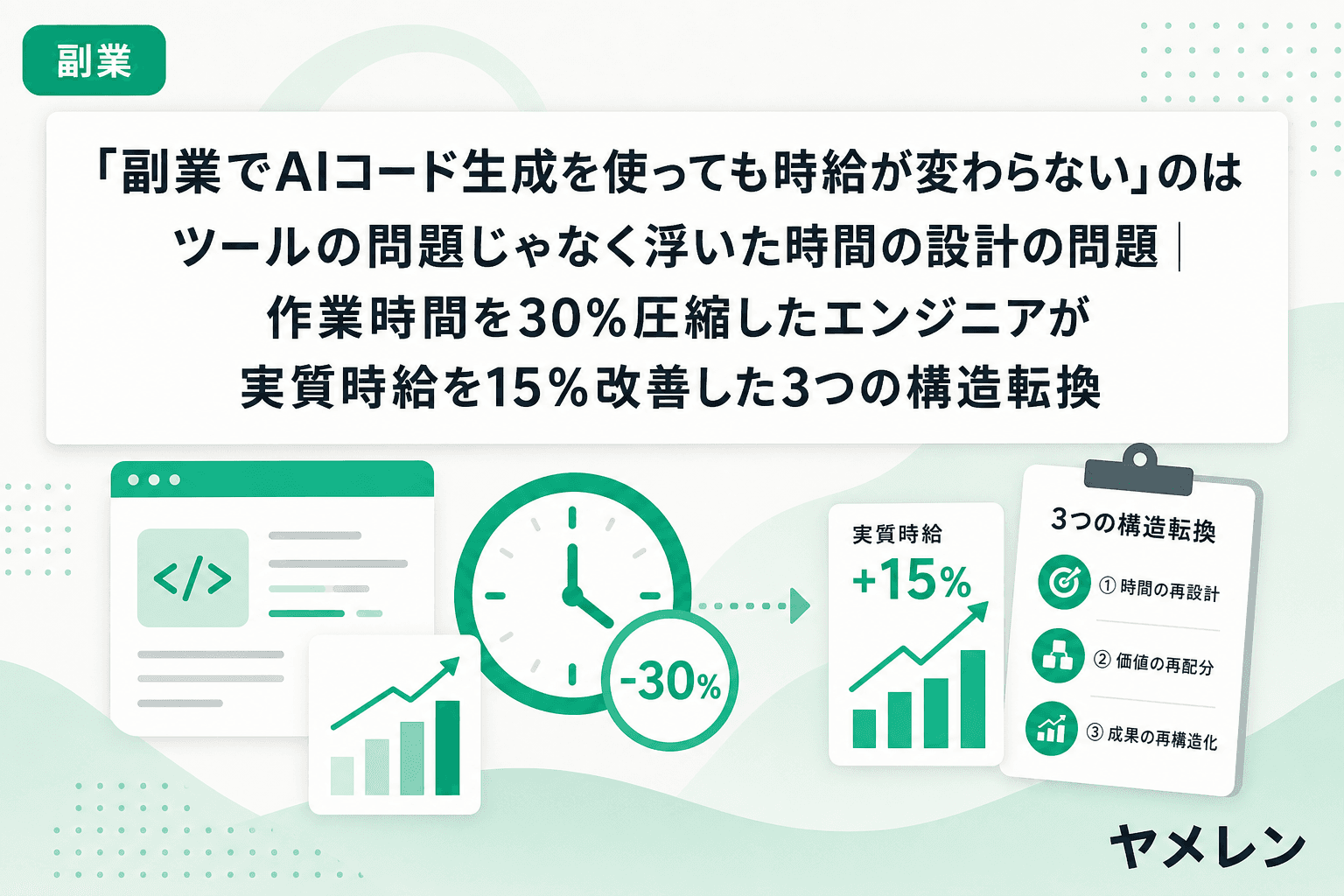 「副業でAIコード生成を使っても時給が変わらない」のはツールの問題じゃなく浮いた時間の設計の問題|作業時間を30%圧縮したエンジニアが実質時給を15%改善した3つの構造転換