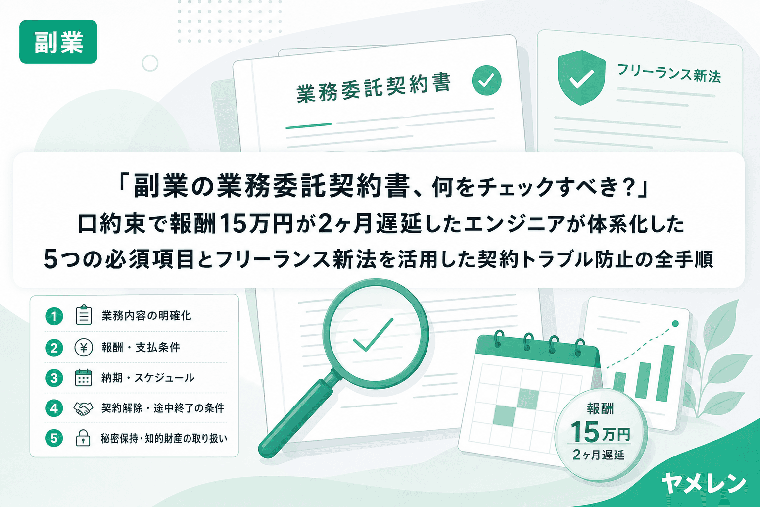 「副業の業務委託契約書、何をチェックすべき?」口約束で報酬15万円が2ヶ月遅延したエンジニアが体系化した5つの必須項目とフリーランス新法を活用した契約トラブル防止の全手順