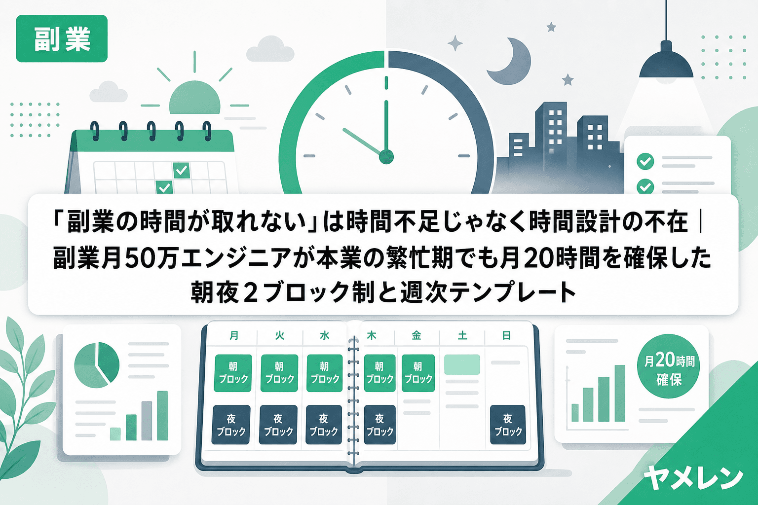 「副業の時間が取れない」は時間不足じゃなく時間設計の不在|副業月50万エンジニアが本業の繁忙期でも月20時間を確保した朝夜2ブロック制と週次テンプレート
