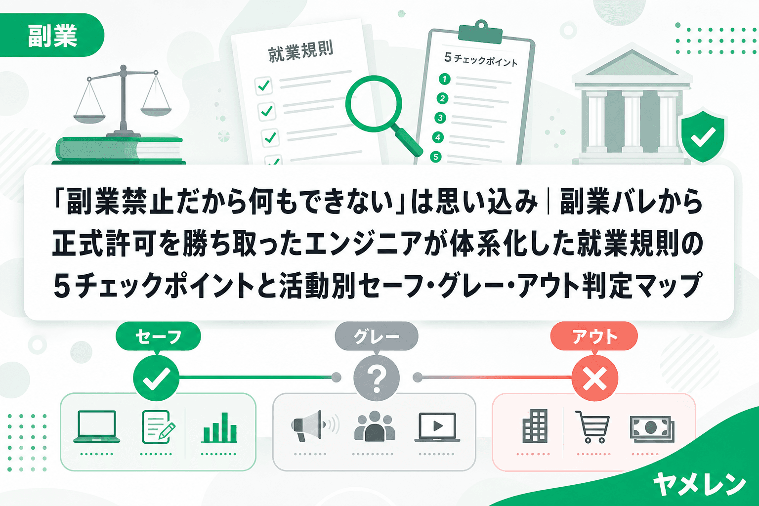 「副業禁止だから何もできない」は思い込み|副業バレから正式許可を勝ち取ったエンジニアが体系化した就業規則の5チェックポイントと活動別セーフ・グレー・アウト判定マップ