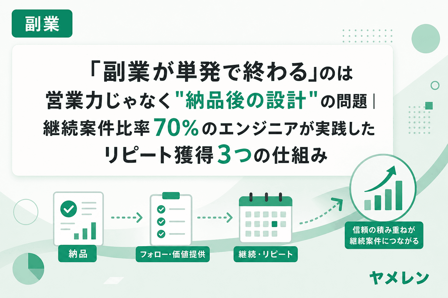 「副業が単発で終わる」のは営業力じゃなく"納品後の設計"の問題|継続案件比率70%のエンジニアが実践したリピート獲得3つの仕組み