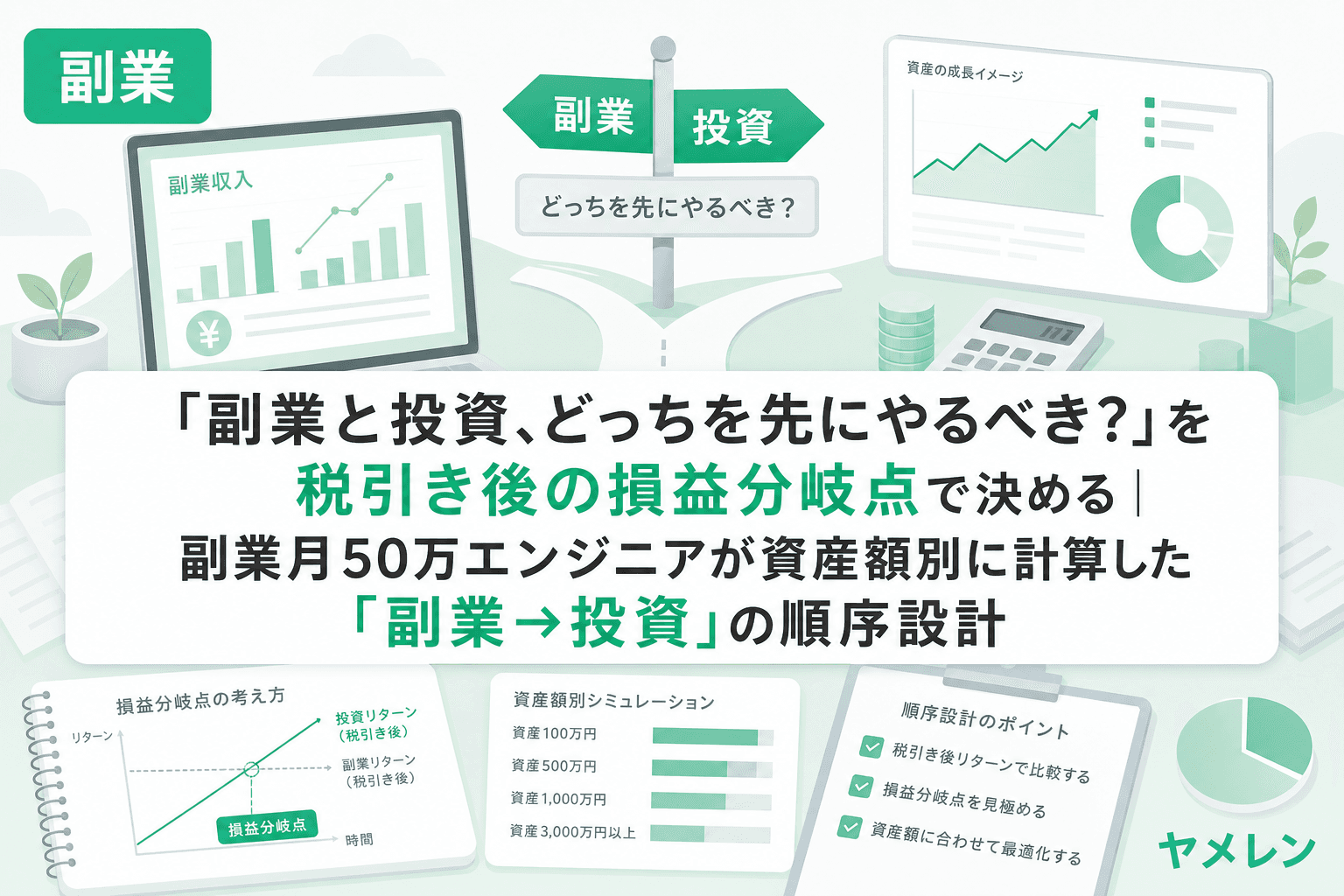 「副業と投資、どっちを先にやるべき?」を税引き後の損益分岐点で決める|副業月50万エンジニアが資産額別に計算した「副業→投資」の順序設計