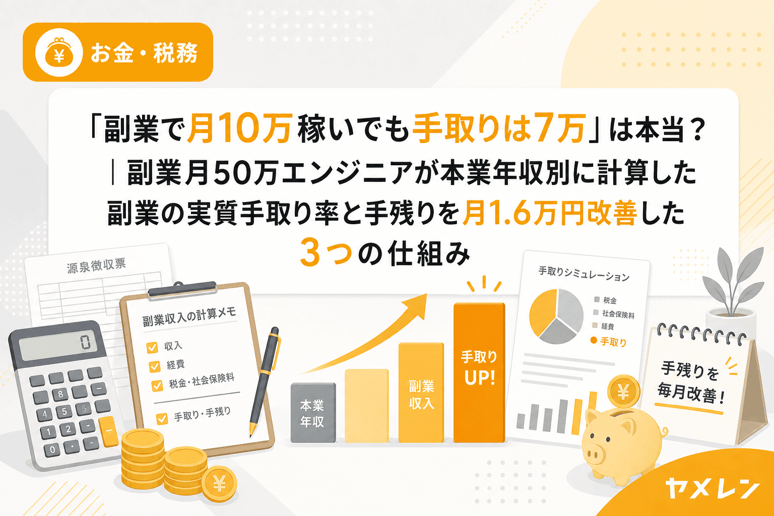「副業で月10万稼いでも手取りは7万」は本当?|副業月50万エンジニアが本業年収別に計算した副業の実質手取り率と手残りを月1.6万円改善した3つの仕組み