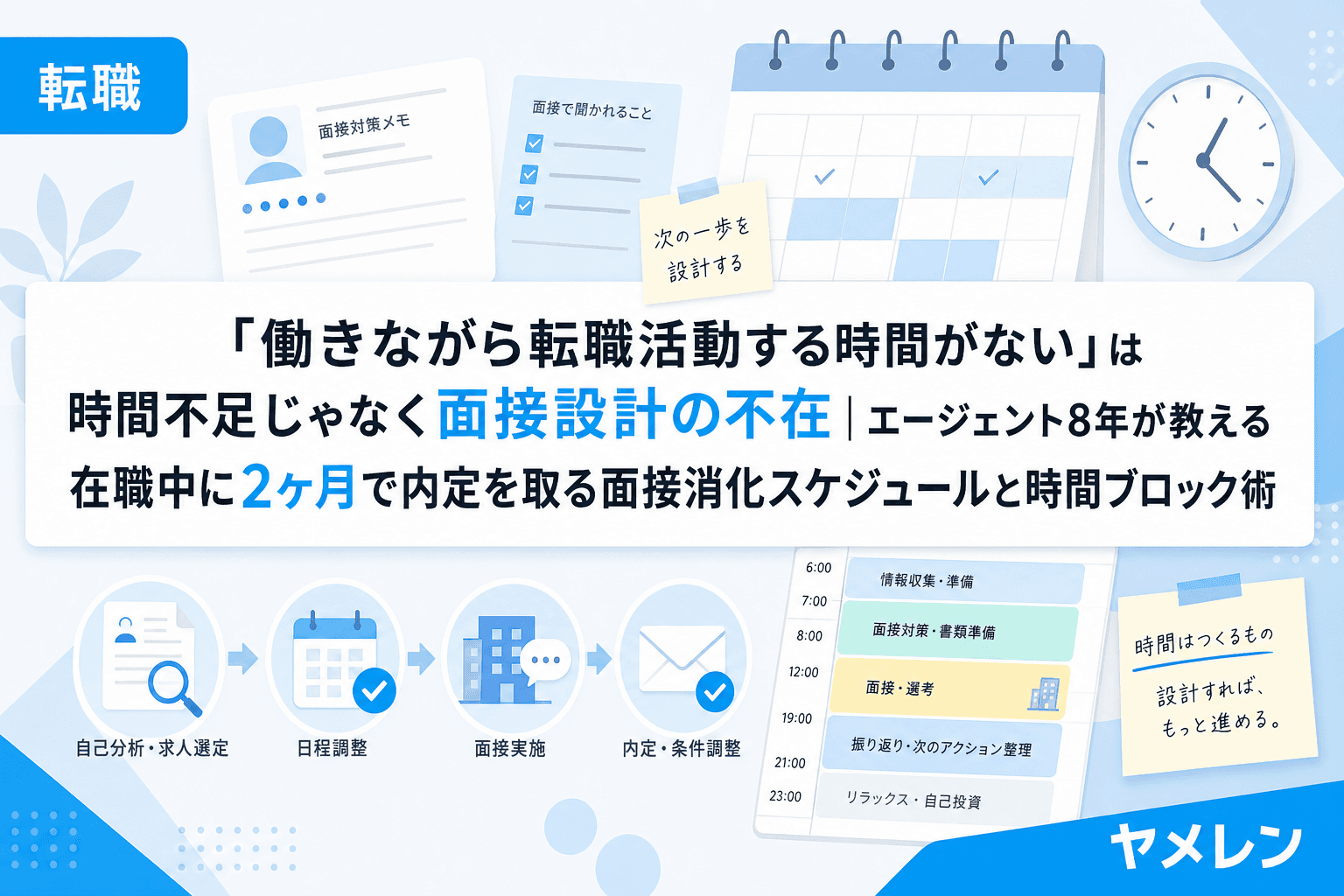 「働きながら転職活動する時間がない」は時間不足じゃなく面接設計の不在|エージェント8年が教える在職中に2ヶ月で内定を取る面接消化スケジュールと時間ブロック術